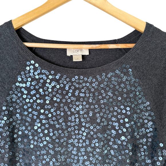 LOFT Sequin Cotton Sweater in Charcoal Gray 3/4 Sleeves Boat Neck, Size Medium - Picture 2 of 8